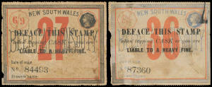 REVENUES BEER DUTY: 1894 6/9d (filled numerals) for 27 gallons & 9/- for 36 gallons, both soiled with characteristic faults & repairs at lower-left with pieces from other 6/9d stamps, Elsmore Online Cat $600.