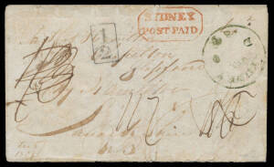 1829 (Dec 6) entire to Scotland with first-type 'SYDNEY/NSW' cds (White #S2, frameline complete) in blue and boxed 'SYDNEY/POST PAID' (White #P1) in red endorsed "4d" paid, fine boxed 'INDIA LETTER/KINGSBRIDGE' b/s in black (Robertson #IN1, previously lis