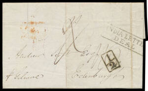 1830 (Oct 12) entire headed from "Sydney" to Scotland "p Gilmore" with boxed 'INDIA LETTE[R]/DEAL' and Scottish Border Wheel Tax '&frac12;d' handstamps, originally rated "1/-" but replaced with "1/6" for 4d India Letter plus 1/2d carriage from Deal to Edinburgh,