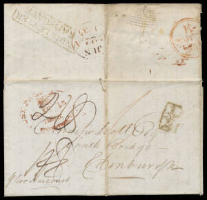 1835 (Feb 4) entire to Scotland "p Gov Harcourt" with 'POST PAID SHIP LT/SYDNEY' (White #SL1) in red, boxed 'INDIA LETTER/RAMSGATE' b/s and Scottish Border Wheel Tax '½d' handstamp on face, rated red "6" double Colonial Ship Letter paid and "1/8" replaced