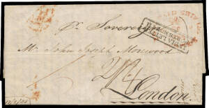 1835 (Feb 18) entire to London "per Sovereign" with 'POST PAID SHIP LT/SYDNEY' (White #SL1) in red and boxed 'INDIA LETTER/PORTSMOUTH' h/s, rated red "6" double Colonial Ship Letter paid and black "2/4" for 4d India Letter plus triple 8d carriage from Por