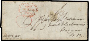 1836 (April 26) entire to Scotland with 'POST PAID SHIP LT/SYDNEY' h/s (White #SL1) in red, boxed 'INDIA LETTER/LONDON' and Scottish Border Wheel Tax '&frac12;d' h/s, rated red "3" Colonial Ship Letter paid and black "1/5" for 4d India Letter plus 1/1d carriage 