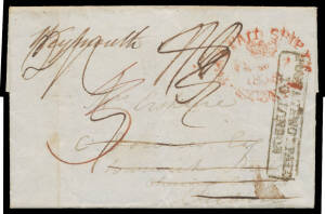 1838 (Feb 17) entire to "Mrs. Erskine, London" with 'POST PAID SHIP LT/SYDNEY' (White #SL1) in red and boxed 'INDIA LETTER/PLYMOUTH' b/s in red, rated red "3" Colonial Ship Letter paid and black "1/3" to collect for 4d India Letter plus 1/1d carriage to L