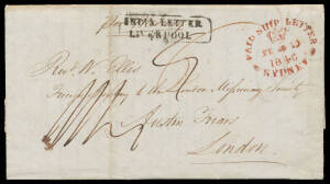 1840 (Feb 19) entire to London Missionary Society with 'PAID SHIP LETTER/SYDNEY' (White #SL2) in red and boxed 'INDIA LETTER/LIVERPOOL' h/s, rated red "6" double Colonial Ship Letter paid and black "4" India Letter and "1/4" double 8d carriage to London t