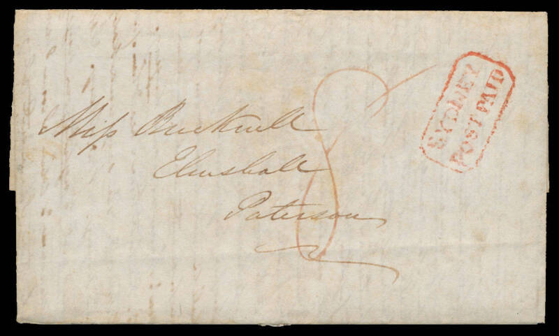 1840 (May 17) lengthy entire to Paterson, NSW with a good strike of the rounded-boxed 'SYDNEY/POST PAID' h/s (White #P2) in red, rated "8" in red for 4d coastal shipletter plus 4d for carriage not more than 15 miles, minor soiling but most attractive.