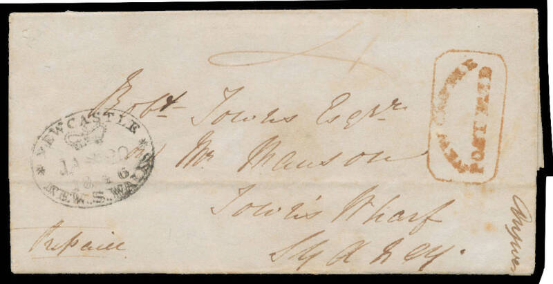 1846 (Jan 20) entire to Sydney endorsed "Prepaid" with fair strike of boxed h/s with curved 'NEWCASTLE/POST PAID' (White # P12) in red rated "4"(d) paid and good crowned oval 'NEWCASTLE/NEW.S.WALES' (White # C65) alongside on face, 'GENERAL POST OFFICE/SY