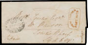 1846 (Jan 20) entire to Sydney endorsed "Prepaid" with fair strike of boxed h/s with curved 'NEWCASTLE/POST PAID' (White # P12) in red rated "4"(d) paid and good crowned oval 'NEWCASTLE/NEW.S.WALES' (White # C65) alongside on face, 'GENERAL POST OFFICE/SY