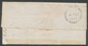 1846 (Jan 20) entire to Sydney endorsed "Prepaid" with fair strike of boxed h/s with curved 'NEWCASTLE/POST PAID' (White # P12) in red rated "4"(d) paid and good crowned oval 'NEWCASTLE/NEW.S.WALES' (White # C65) alongside on face, 'GENERAL POST OFFICE/SY - 2