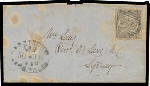 1850 (Nov 18) entire to Sydney with Sydney Views 2d deep blue Plate III SG 30 (margins small to touching design, roughly separated) tied BN '54' (reversed '4', Freeman rated RRR) and good 'CARRINGTON/NEW.S.WALES' crowned oval (White #C65) alongside paying