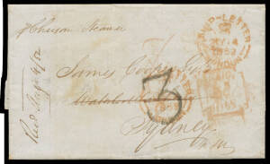 1852 British mercantile entire to Sydney "p Chusan Steamer" with London Maltese Cross & 'SHIP-LETTER/ =LONDON=' d/s both of MY14/1852 & both in red, rated "8" in red as a shipletter, 'SHIP LETTER/[crown]/ AU*4/1852/SYDNEY' arrival b/s & very fine strike o