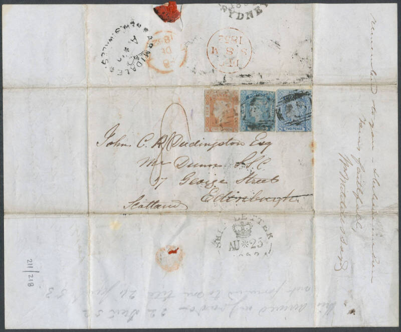 1852-55 entires with Diadems 6d bluish grey (full margins) from Sydney to Scotland "per Madras SS via Marseilles" or Laureates frankings to Scotland from Tarcutta with BN '48' (good backstamp) and Armidale with BN '25' (very fine backstamp but two stamps