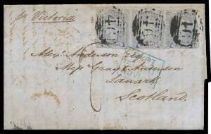 1853 (Sept 8) entire headed "Copabella, Yass" to Scotland "pr Victoria" with Laureates 2d chalky blue SG 53 horizontal strip of 3 (wide margins except where torn into at right, left unit with crease and surface rub) tied three strikes BN '46' of Gundagai 