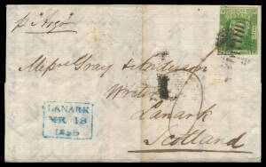 1854 (Dec 30) entire to Scotland "p Argo" with Laureates 3d yellow-green SG 87 (three margins) tied by bars cancel with 'SYDNEY/N.S.W' b/s (White #S18) underpaying 6d rate and taxed with poorly struck Sydney large '1D' (White #X16) on face, treated as who