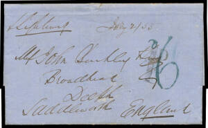 1855 stampless entire consignee's letter to Yorkshire "p Lightning" with unframed 26mm 'SYDNEY/--/AP*7/1855/* NSW *' b/s (the second '5' in '1855' is appreciably smaller) b/s & '1D' accountancy h/s, British 'AUSTRALIAN/ LIVERPOOL/JU30/55/=PACKET= b/s & su