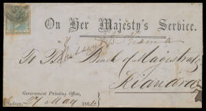 1864 (May 27) Government Printing Office OHMS folded notice sent to "The Bench of Magistrates, Kiandra" with De La Rue 2d pale blue SG 199 tied Sydney 'NSW' oval obliterator, endorsed "Missent to Kiama" and forwarded with Wollongong, Campbelltown, Goulbur