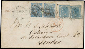 1871 cover to a London optician with extraordinary combination franking of NSW De La Rue 2d x2 (one torn before being affixed) tied by light Rays '140' & light 'WENTWORTH/JU19/1871/NSW' cds at left and Victoria Laureates 6d blue pair tied by manuscript "X