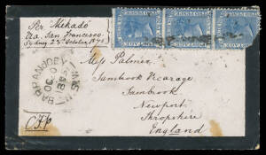 1875 mourning cover to Shropshire with DLR 2d strip of 3 (one defective) tied by poor Rays '609' of 'BARRANJOEY' (superb cds at left), 'NEWPORT' arrival b/s, blemishes. [Barranjoey Headland was the site of a Customs Station, opened in 1843 to thwart smugg
