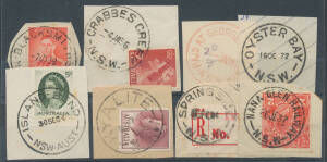 POSTMARKS: A-Y datestamps 1930s-80s on stamps many complete strikes on piece, mostly from smaller Post Offices although no great rarities seen, a few 'PAID' in red and some LDL/SDL conversions, noted 'ISLAND BEND' (Snowy Mountains Scheme), 'NANA GLEN RAIL