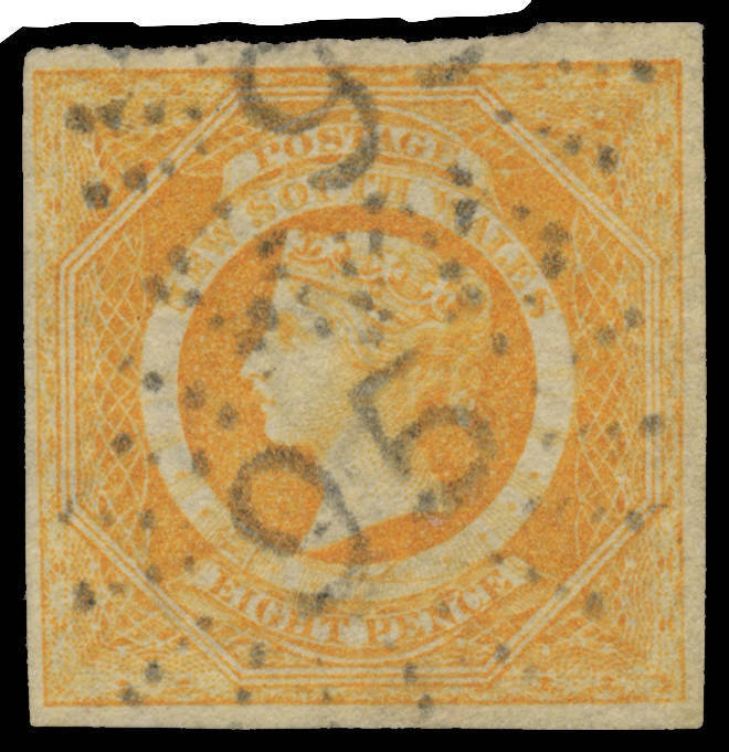 New South Wales Diadems 8d dull yellow-orange SG 98, margins good to large, very fine Rays '95' cancels of Brisbane, Cat £1300. A very desirable Queensland forerunner.