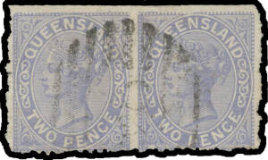 1882 Second Sidefaces with Lined Background Perf 12 2d blue horizontal pair Imperforate Between SG 168a, indistinct Barred Numeral cancellation, undercatalogued at £3000. RPSofL Certificate (2007). Ken Scudder at page 122 states "On at least one occasio