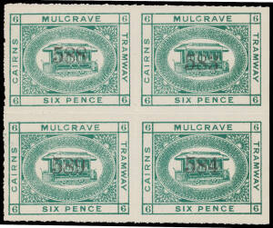 PRIVATE RAILWAY STAMPS: Cairns-Mulgrave Tramway Large Format 1d 3d & 1/- and Small Format 2d 3d 6d & 1/- blocks of 4 all overprinted with Serial Numbers in black, unused with no gum as issued.
 (7 blocks)