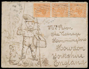 1892 hand-illustrated cover (young boy with fishing gear & letter on hook, and dog) "I'll just drop a line to..." to Yorkshire with Lined Background 1d strip of 3 & BN '203' of 'GIN GIN' (part-cds at upper-left), 'BUNDABERG' transit & 'HOWDEN' arrival b/s