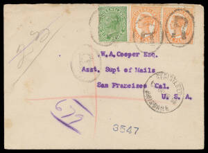 1895 double-rate registered cover to the USA with Lined Background 6d & Void Background 1d pair tied by 'R'-in-oval h/s of Brisbane, 'VICTORIA BC/CANADA' transit, 'San Francisco, Cal/ F.D. /REGISTERED' cds & three-line 'REGISTERED/San Francisco, Cal' arri