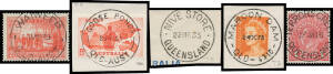 POSTMARKS: Selection of per favor strikes prepared by engraver Campbell before issue or by Trevor Sellars from the archives mostly on contemporaneous stamps on piece including 'GOOSE PONDS', 'GROSVENOR', 'GUNPOWDER', 'MAROON DAM', 'NIVE STORE', 'SUNSHINE 