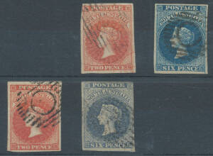 1855 London Printings 1d 2d & 6d SG 1 2 & 3, a very fine trio; also 1856-58 Adelaide Printings 2d SG 9 (a very large stamp), 6d slate-blue SG 10 (margins just clear to huge with a fragment of the adjoining unit below, a little soiled) & 1/- orange SG 12 (