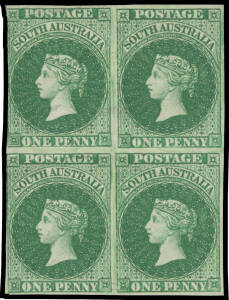 1855 London Printings by Perkins Bacon 1d plate proof block of 4 in green - brighter than the issued colour - on ungummed unwatermarked paper, margins close to good except at lower-left where slightly cut-into, ironed-out wrinkles. [Michael Blake's simil
