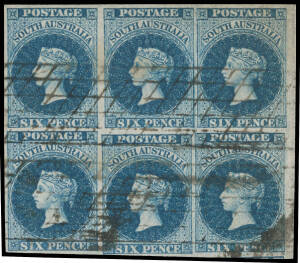 1855 London Printings by Perkins Bacon 6d deep blue SG 3 marginal block of 6 (3x2) from the right of the sheet, margins good to very large with a fragment of the adjoining unit below the last unit, two impressions - one untidy - of the roller-cancellatio