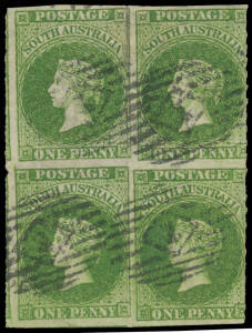 1858-59 First Roulettes 1d yellow-green SG 13 block of 4, some separation/rejoining of the vertical roulettes, Diamond Numeral '1' cancels of Port Adelaide, Cat £260+.