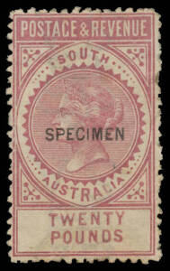 1886-96 'POSTAGE & REVENUE' Perf 11&frac12;-12&frac12; &pound;20 claret SG 208a reprint with the Watermark Inverted, 12&frac12;x2mm 'SPECIMEN' Overprint, a bit aged, large-part o.g. Ex Ed Williams: sold for $308 at the Prestige auction of 26/1/2002. [Ed Williams stated that only on