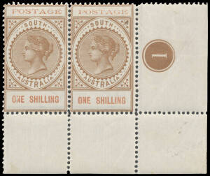 1902-04 Thin 'POSTAGE' 1/- brown & brown-red BW #S30A (SG 268a) lower-right corner pair with Plate Number '1' BW #S30Azd, the left-hand unit has a very minor natural gum-crease, very lightly mounted, Cat $4000+ (&pound;2400+) as normal singles. [We believe that