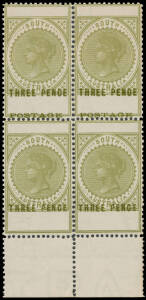 1902-04 Thin 'POSTAGE' Perf 12 3d deep olive-green marginal block of 4 from the base of the sheet, the upper units with Misplaced 'POSTAGE' & 'THREE PENCE', the lower units with 'POSTAGE' Omitted BW #S19c/ca (SG 280a), well centred, full unmounted o.g., g
