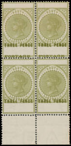 1902-04 Thin 'POSTAGE' Perf 12 3d deep olive-green marginal block of 4 from the base of the sheet, the upper units with Misplaced 'POSTAGE' & 'THREE PENCE', the lower units with 'POSTAGE' Omitted BW #S19c/ca (SG 280a), well centred, full unmounted o.g., g