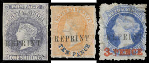 REPRINTS: Range on Hagners including Imperf set + 1/- violet, Rouletted to 1/- x4 including 9d violet & 'TEN PENCE' on 9d various colours x6, Perf to 2/- including '3-PENCE' in Red on 4d x2 & in Black, '8 PENCE' on 9d x5, 'TEN PENCE' on 9d x2 etc, all wit