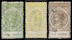 REVENUES: 1886-96 'POSTAGE & REVENUE' Perf 10 &pound;4 lemon-yellow (Walker rated RRRR; with the Watermark Sideways) and Perf 11&frac12;-12&frac12; &pound;3 olive (RRRR) & &pound;5 brown (RRR), sound examples with concealed faults, fiscal usages. Rare. [Most fiscally used stamps were cl