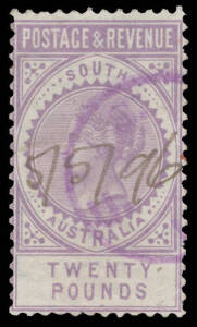 REVENUES: 1886-96 'POSTAGE & REVENUE' Perf 10 £20 pale claret, ironed-out creases & small peripheral tears, manuscript date "5/5/96" & light cancel in purple, Elsmore Online Cat $750. Rated RRRR by Martin Walker. [Probably from the same document as the ne