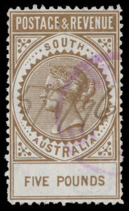 REVENUES: 1886-96 'POSTAGE & REVENUE' Perf 11&frac12;-12&frac12; &pound;5 brown, well centred, a couple of characteristic irregular perfs & two pinholes, manuscript date "5/5/96" & light cancel in purple, Elsmore Online Cat $375 (apparently for both the grey & brown printing