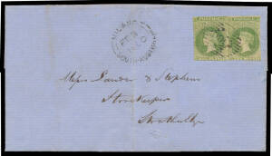1860 (Feb 3) entire with rare franking of Adelaide Printing 1d yellow-green SG 6 horizontal pair (margins in places, a little cut-into at the base, Cat &pound;1300+ x2+ on cover) & largely very fine diamond-numeral '100' cancel (rated R) of 'MILANG' (cds alongs