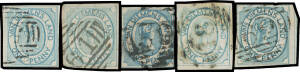1853 Couriers One Penny selection comprising Medium Soft Yellowish Paper 1d pale blue SG 1 x2 & 1d blue SG 2, and Hard White Paper 1d pale blue SG 3 & 1d blue SG 4, all wth full margins (three with complete outer framelines), a few small faults, Cat &pound;7100