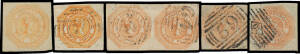 1853 Couriers Four Pence selection on exhibit pages etc from various printings with a good range of shades & a horizontal pair, condition variable but all cut-square, some with neat Barred Numeral cancels, Cat &pound;11,000+ (minimum); also an apparently unused