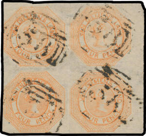 1853 Couriers Plate I (Second State with Blurred Background Lines )4d orange SG 8 - attractive shade - block of 4, margins close to large except at left where just touched, minor thinning, BN '58' cancels, Cat £1800++. A rare multiple. Ex Koichi Sato.