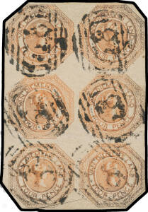 1853 Couriers Plate II (Coarser Engraving) 4d red-orange SG 11 block of 6 (2x3), margins close to large but the corners cut-to-shape, the colour a little oxidised, closed diagonal scissor cut across the base of the last two units, BN '58' cancels, Cat &pound;22