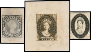 1855 London Printings with Large Star Wmk contemporary photographic reproductions of an unadopted essay based on the Penny Courier; the Chalon Head; Chalon Head on plain field with ornamental engine-turning; and a very late state of the Penny die proof. E