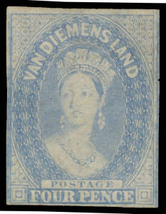 1856-57 No Watermark Pelure Paper 4d plate proof in pale dull ultramarine, margins good to large. Very scarce.