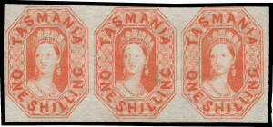 1858-67 'TASMANIA' London Printings 1/- vermilion SG 41 horizontal strip of 3, margins just touching to large, a couple of insignificant imperfections, unused, Cat &pound;2400++. Ex Koichi Sato. BPA Certificate (2015). [Stated to be second only to a strip of 4