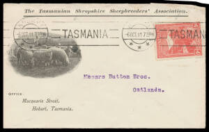 Illustrated advertising covers including 1897 for WT Bell Christmas Sale of Japanese Goods (on 1d Postal Card), 1911 Tasmanian Shropshire Sheepbreeders' Association (a superb example sold at our auction of 30.6.2016 for $198), 1910 Gordon & Gotch Press Ag