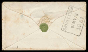 1851 cover from Wales "By private ship" with very fine 'BEAUMARIS' & 'BANGOR' cds, very fine boxed 'SHIPLETTER/28MY28/1851' arrival b/s of Hobart, minor blemishes. [The addressee, Bartholomew W Thomas, was the nephew of the first Colonial Treasurer Jocely